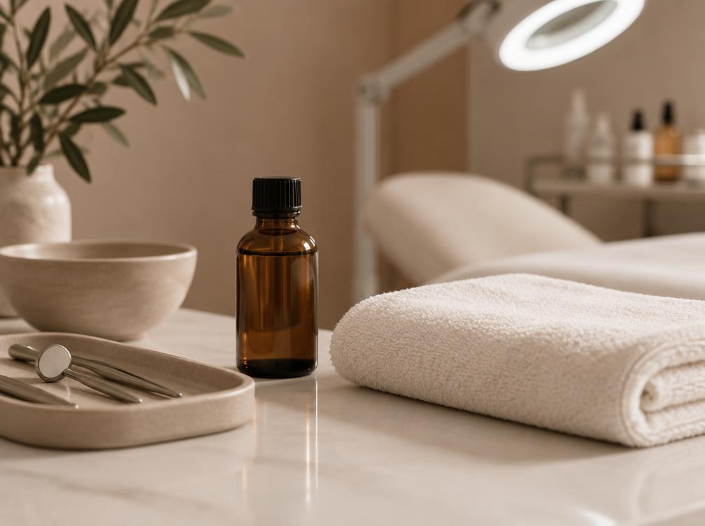 Prepared aesthetic treatment room surface with folded towel and unbranded amber bottle