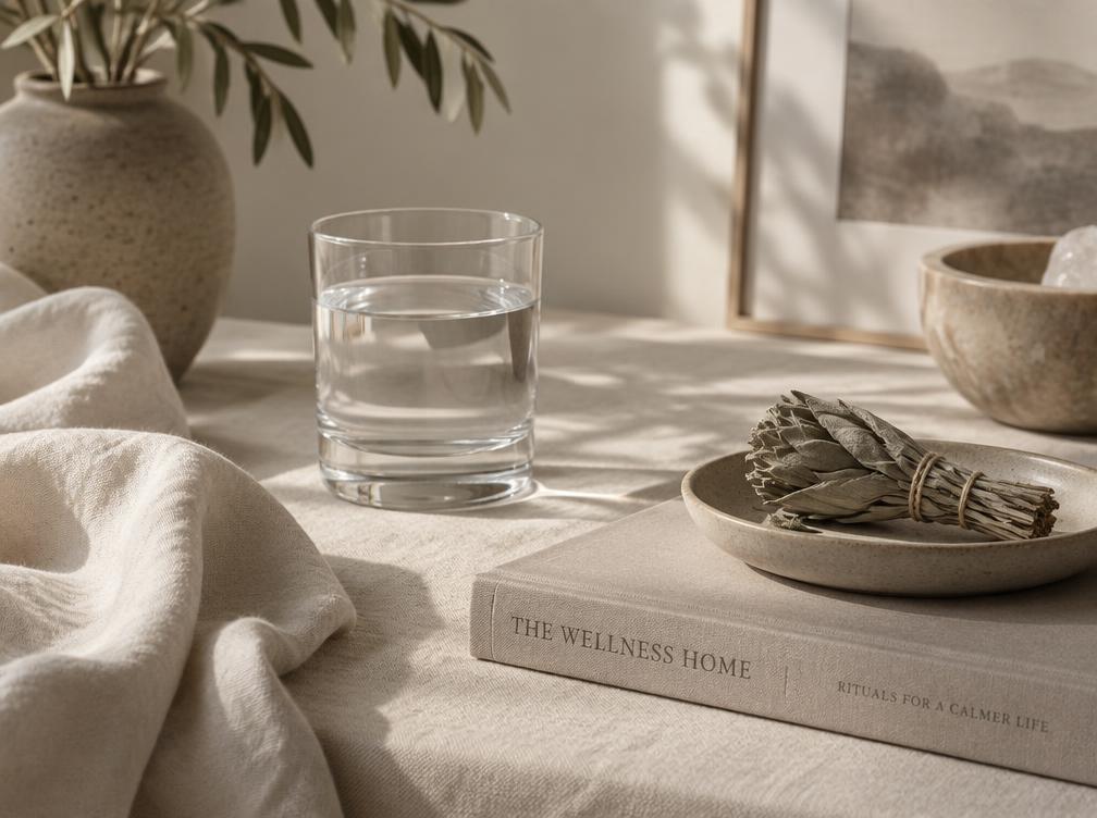 Calm wellness still life with linen, a glass of water and dried sage in warm daylight