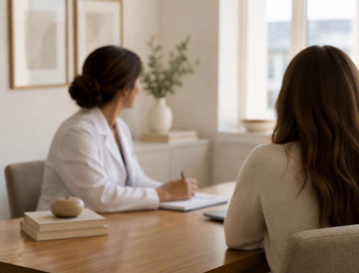 A clinician taking notes while listening to a patient during an unhurried consultation